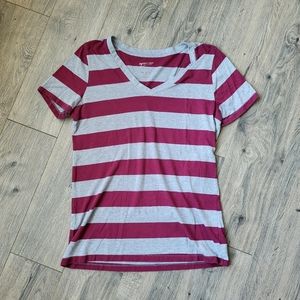 Arizona Jean Company V-Neck Striped T-shirt Maroon & Gray {Large}